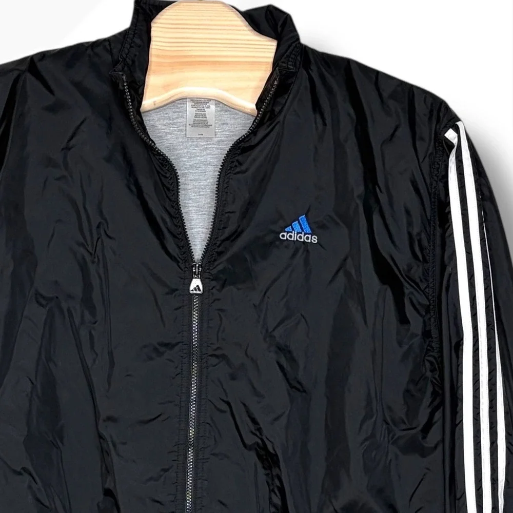Vintage 90s Y2K Adidas Track Jacket Black White 3 Stripes Zip Front Mens Size XL